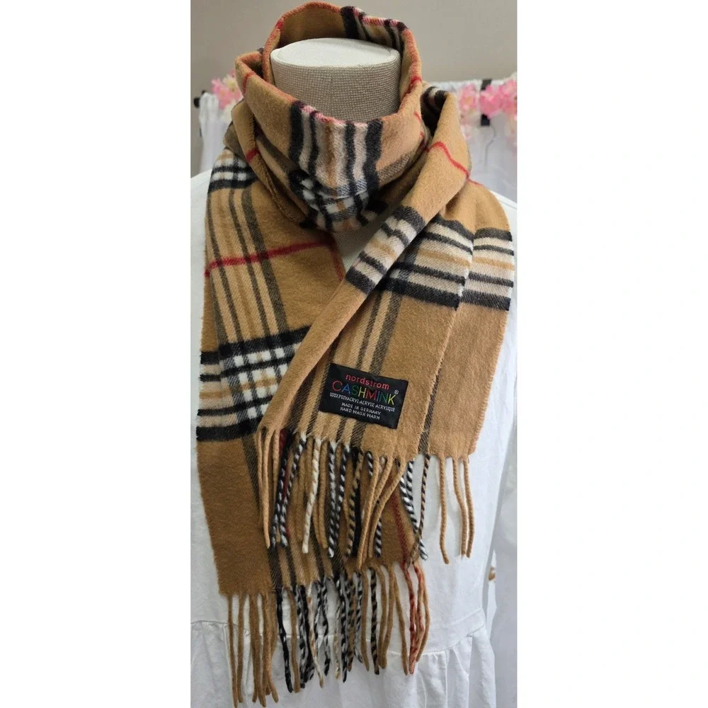 Nordstrom Cashmink Scarf Mens Tan Plaid Check Made in Germany Acrylic Fringe